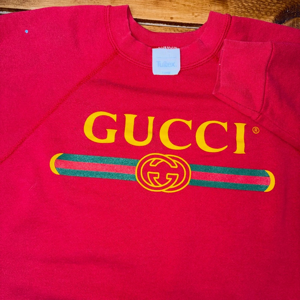 Vintage Tultex Gucci Bootleg Sweatshirt Mens XL Red 1990s Graphic Raglan USA SEE